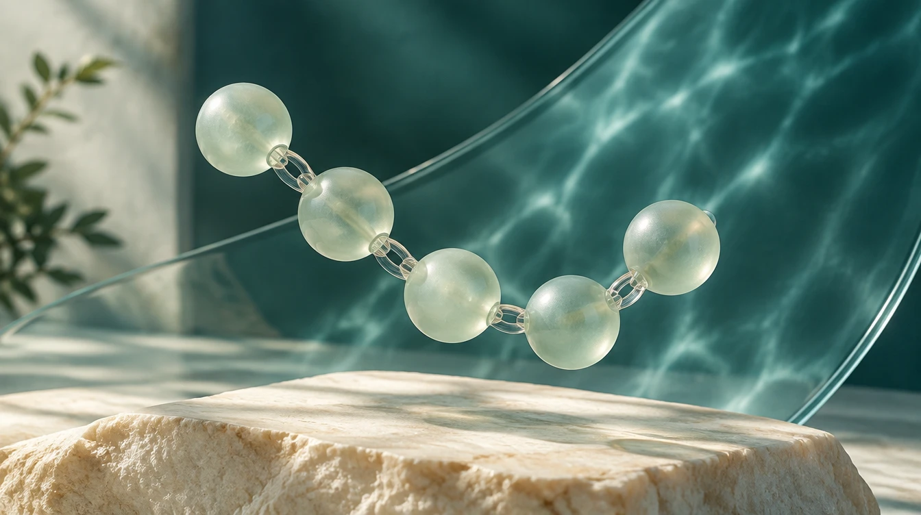Cadena abstracta de elementos de vidrio verde claro ante una superficie de vidrio ondulada. Péptidos como objeto de investigación: ilustración abstracta de Higgsfield, no una representación de estructura molecular.
