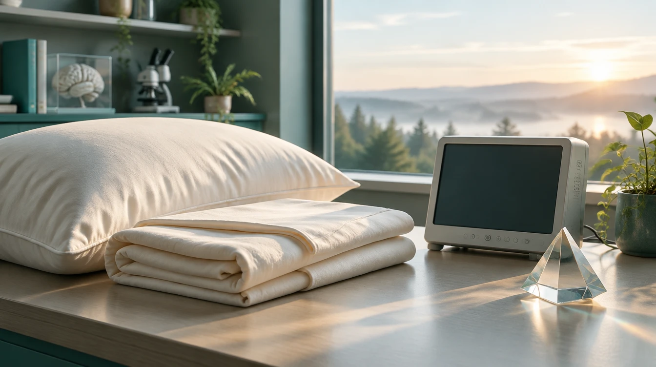 Almohada, ropa de cama doblada y un monitor apagado en un entorno estilizado y luminoso de laboratorio del sueño. La calidad del sueño tiene varias facetas: la medición durante la noche y el bienestar durante el día. Imagen simbólica generada por IA.