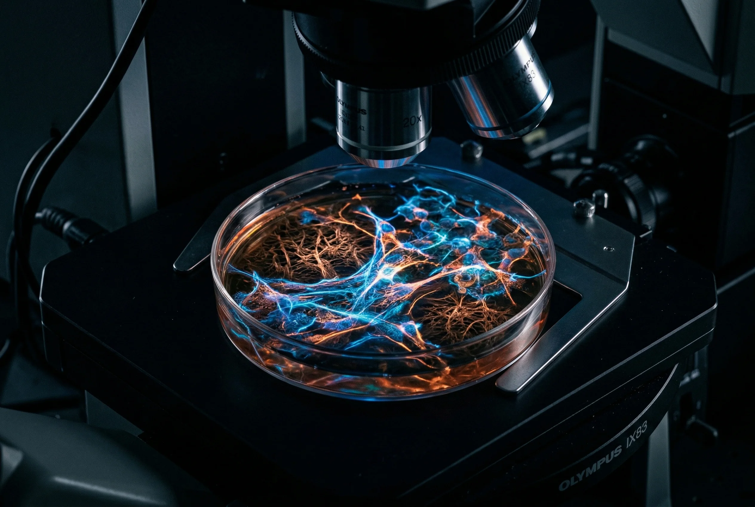 GHK-Cu Wirkmechanismus: Zellkultur unter Fluoreszenzmikroskop mit Kollagenfaserstrukturen