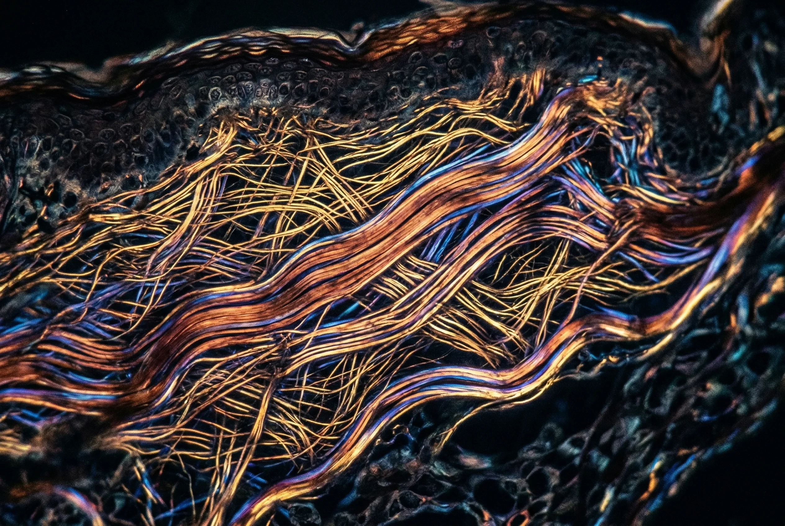 Kollagenfaserstrukturen unter polarisiertem Licht mit Kupferpeptid-Einfluss auf Hautregeneration