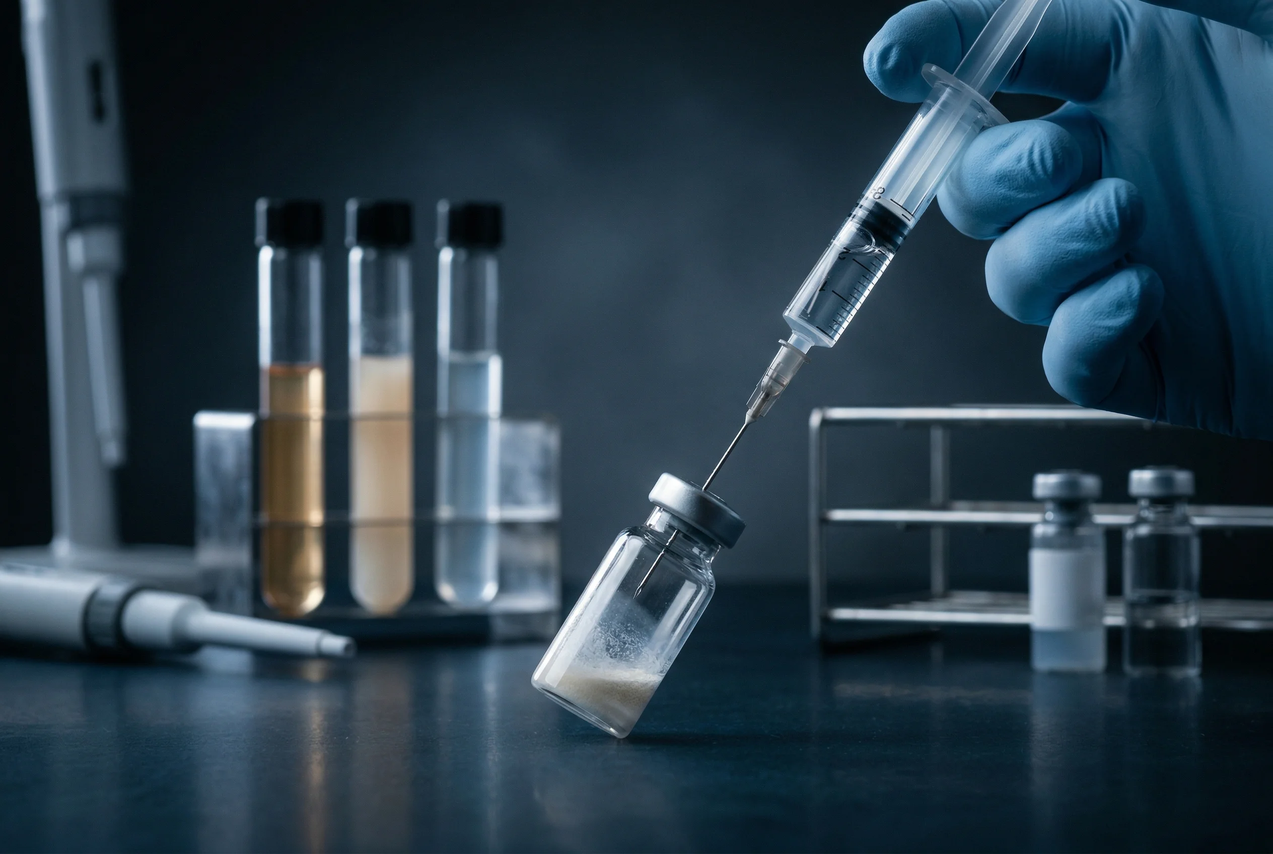 Glow Stack Dosierung: Rekonstitution von lyophilisiertem Peptidpulver im Forschungslabor