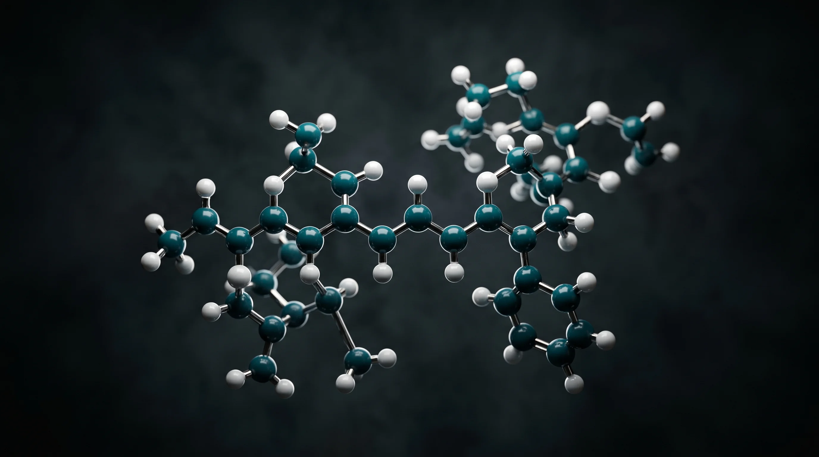 Dreidimensionales Kugel-Stab-Modell eines Peptidmolekuels vor dunklem Hintergrund, Sinnbild fuer HPLC Reinheit Peptide CoA
