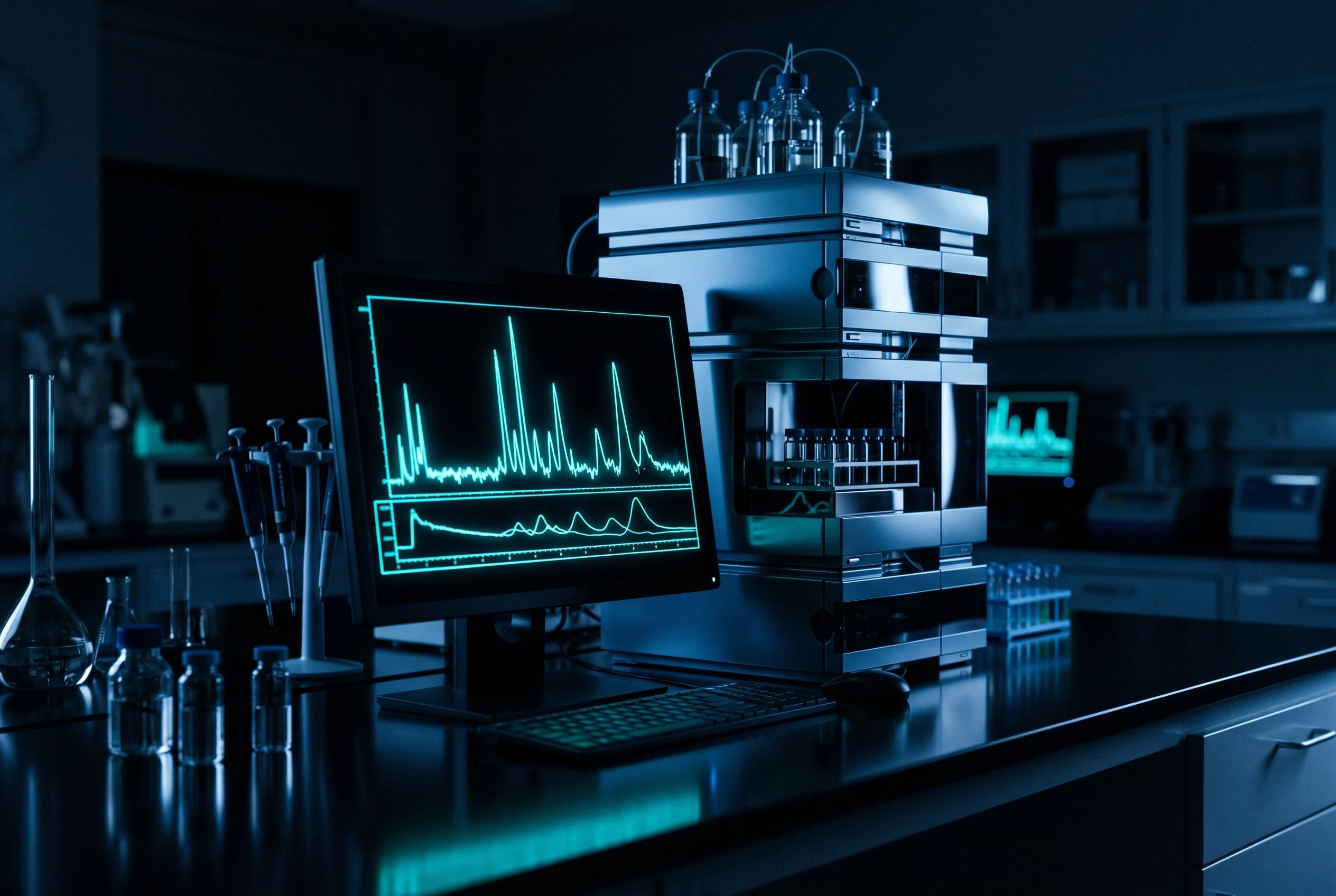 Аналитична лаборатория с HPLC апарат и монитори, показващи хроматограма с пикове, за определяне на чистотата на пептиди