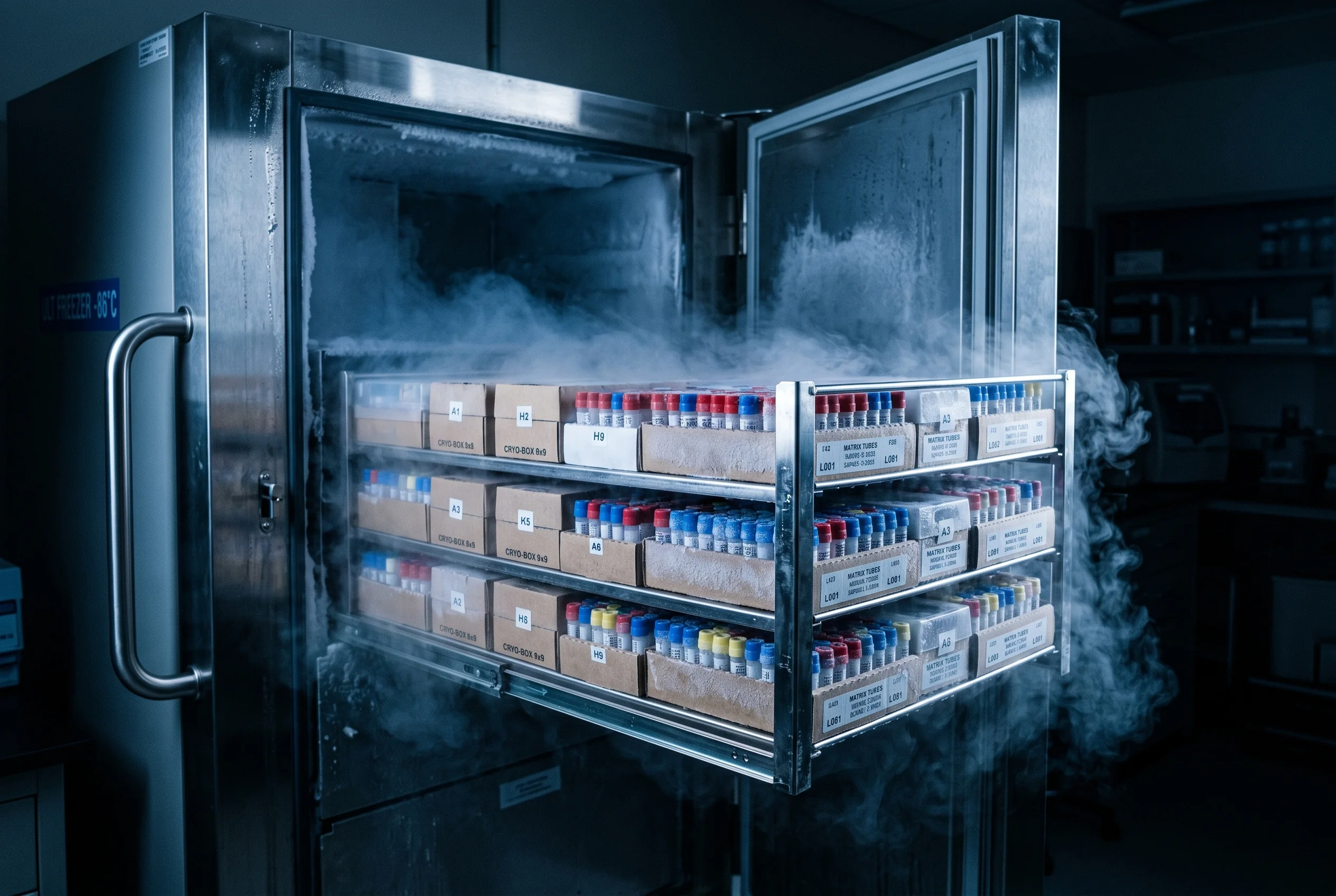 Rack de un congelador criogénico con un velo de niebla fría, símbolo del almacenamiento de péptidos a baja temperatura