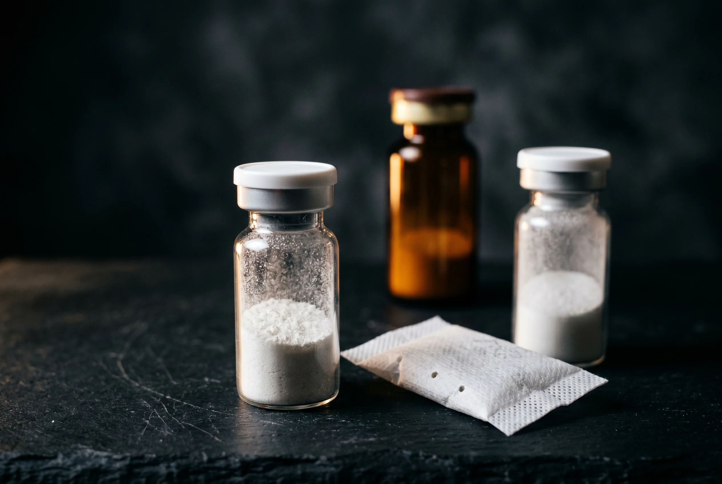 Vial de laboratorio con polvo liofilizado y desecante para la durabilidad del almacenamiento de péptidos