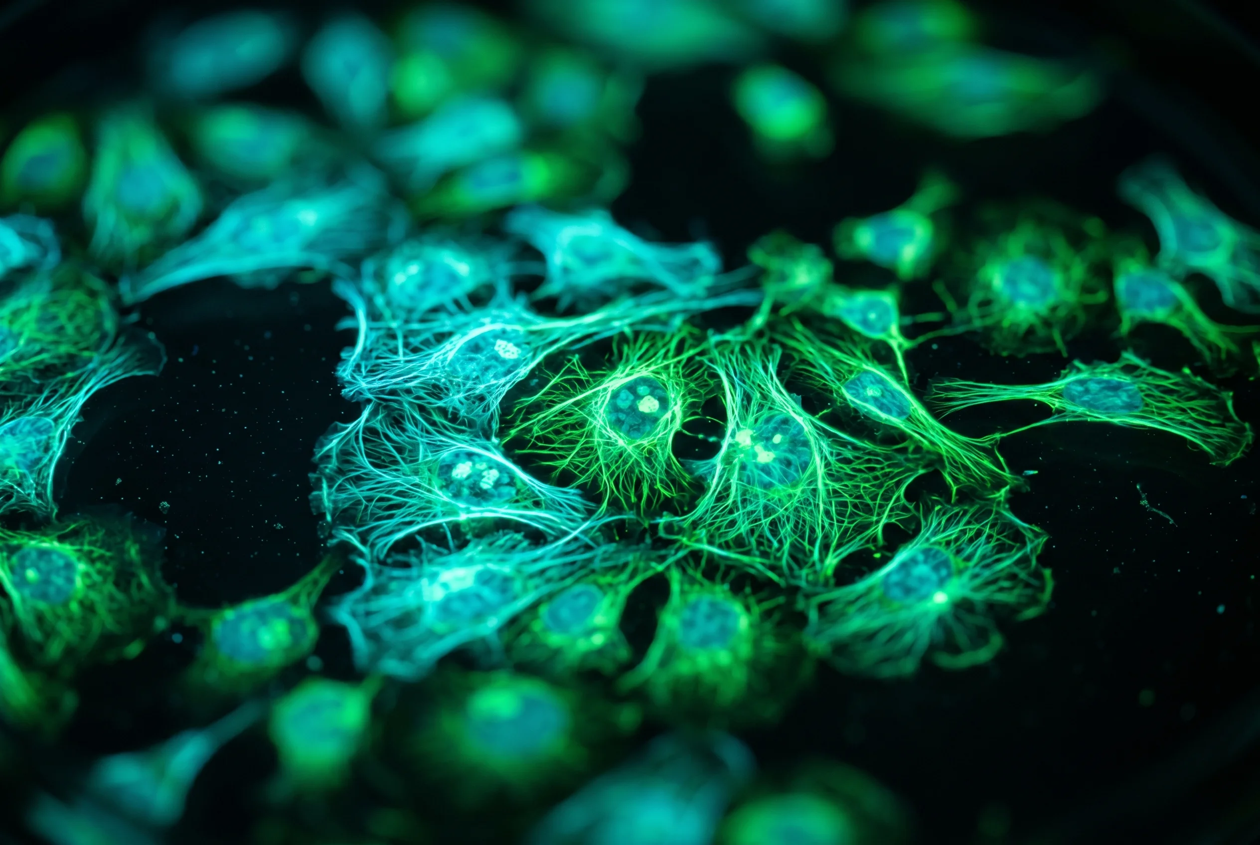 Cultivos celulares luminosos al microscopio para ilustrar el mecanismo de acción de la actina del TB-500